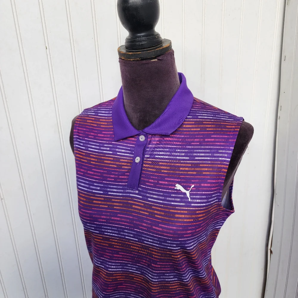 Puma Golf Sleeveless Polo Shirt Purple Striped Athletic DryCELL Top Womens Sz M - Picture 3 of 14